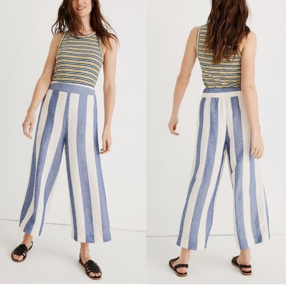 Madewell Blue and White Striped Wide-Leg Linen Blend Pants